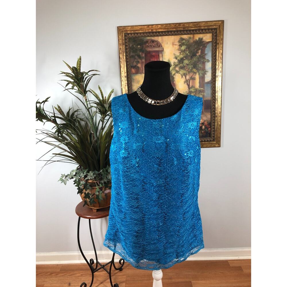 Women's Tank Top 14 Blue Lace Sequin Floral Sleeveless Wedding Guest Cocktail